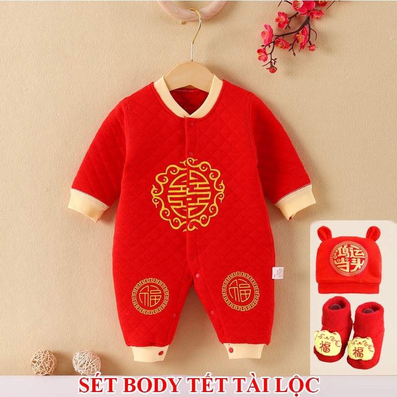 Set body tết dài tay trần bông Quảng Châu Body diện tết tết tài lộc cho bé SLTB07