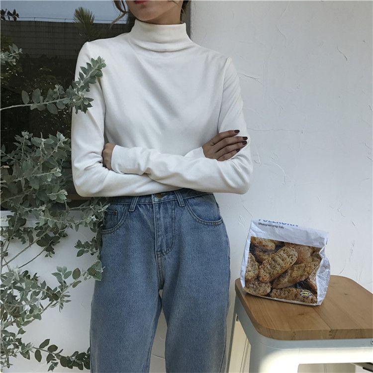 Áo Thun Tay Dài Cổ Cao Dáng Ôm Màu Trắng Đen Thời Trang 2022 Cho Bạn Gái