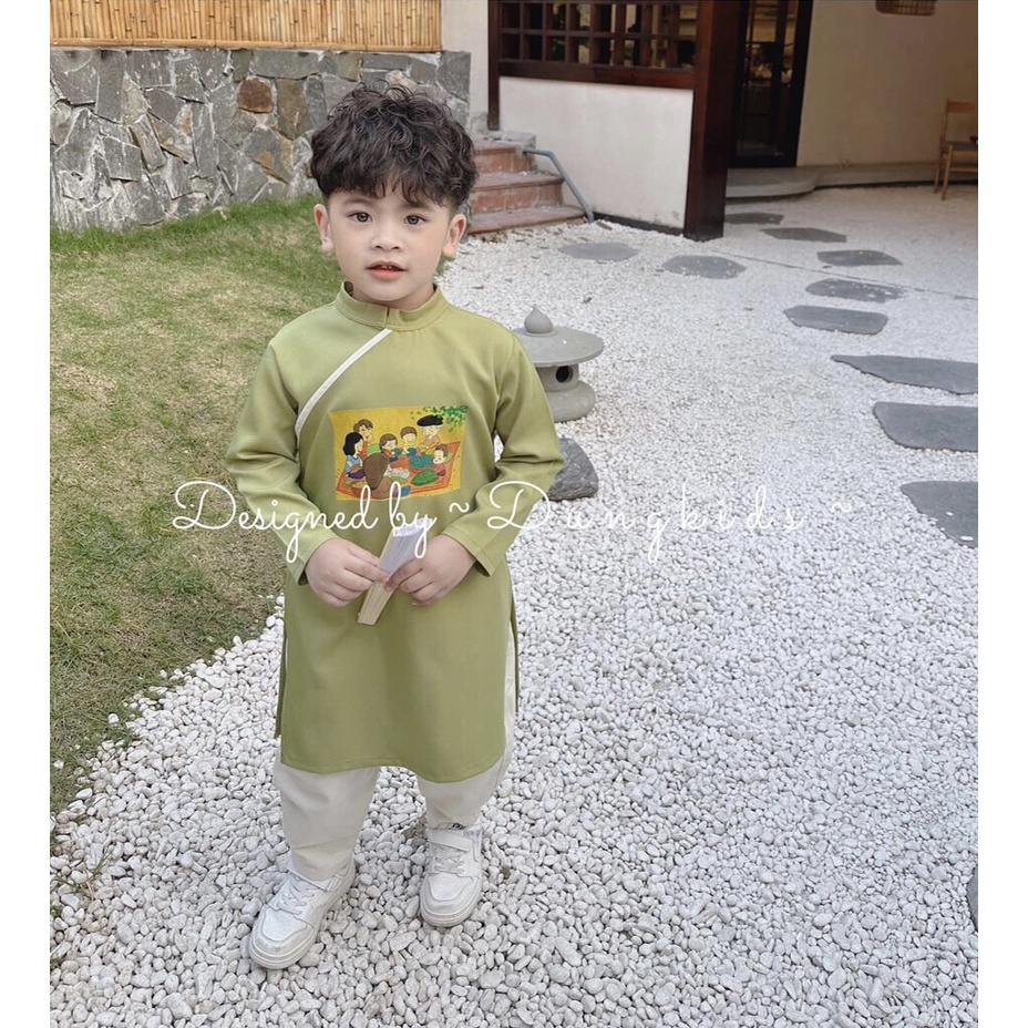 Áo dài cách tân chất nhung lì mềm 4 màu in hình Tết cực đẹp cho bé Namkidshop