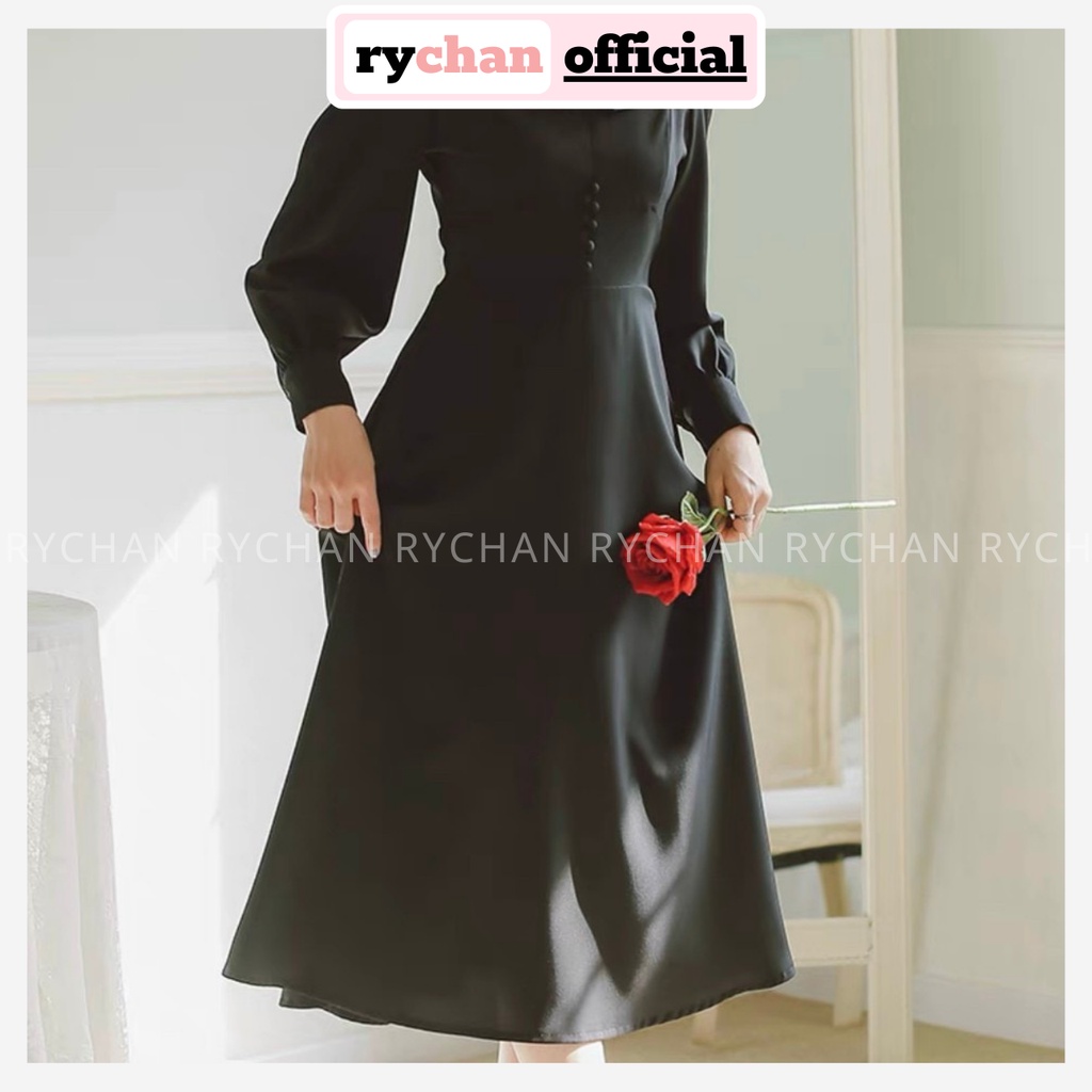 [ẢNH THẬT CUỐI] Đầm Đi Chơi Dáng Dài Xòe Basic Phối Nút Xinh Xắn, Đầm Cổ Vuông Tay Dài Sành Điệu Màu Đen Màu Đỏ-DX105