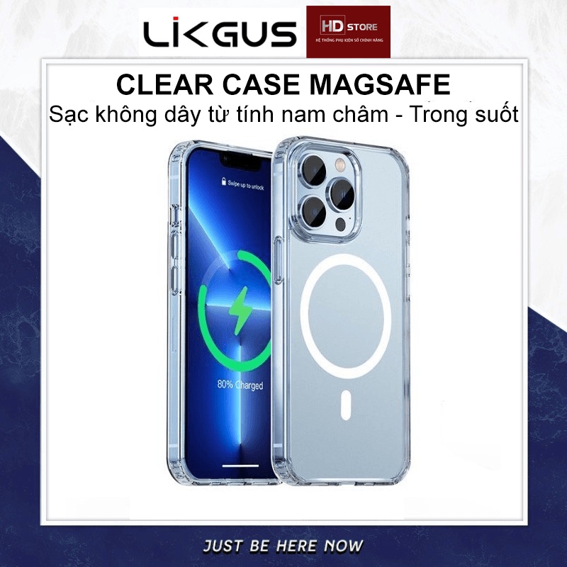 Ốp Trong Suốt LIKGUS MagSafe Crystal Clear Case chống sốc Sạc không dây từ tính hít lưng IPhone 12 13 14 Pro Max