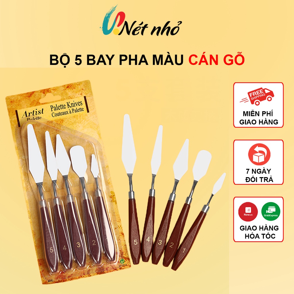 Bay Pha Màu Acrylic Màu Gouache Sơn Dầu, Bay Trộn Màu, Đắp Màu, Xúc Màu Cán Nâu Chắc Chắn,Lưỡi Bay Inox Chống Gỉ