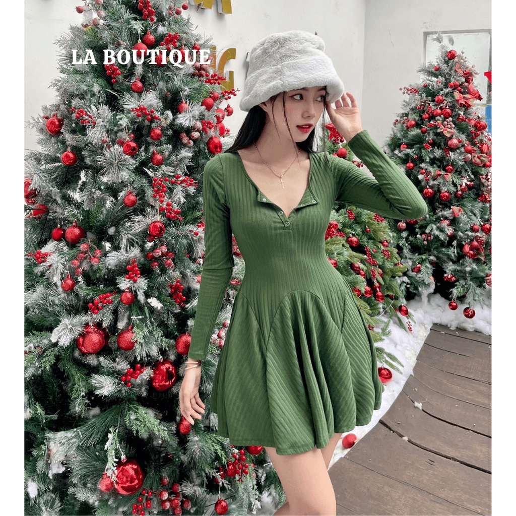 Đầm xoè nút bấm tay dài La Boutique co giãn 4 chiều có bigsize nữ tính trẻ trung