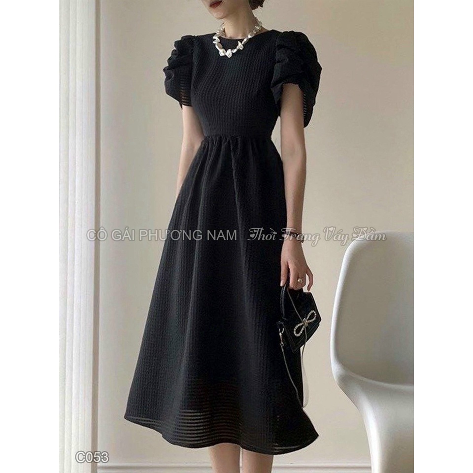 Đầm váy nữ dáng xòe tiểu thư cổ tròn tay phồng siêu xinh phối vải xô sang chảnh phù hợp các nàng đi dạo phố.