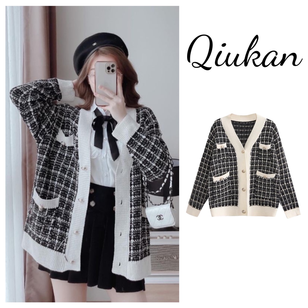 Áo khoác cardigan họa tiết kẻ kim tuyến sang trọng, Khoác len kẻ chất len dệt cao cấp