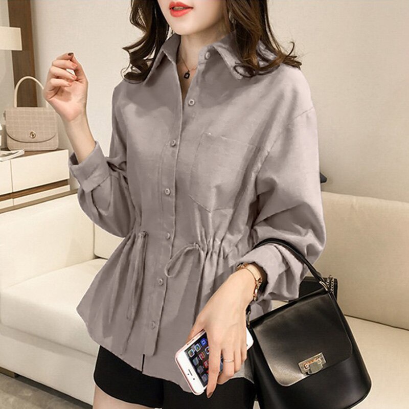 Áo Sơ Mi Dài Tay Dáng Rộng Có Dây Rút Eo Phong Cách Tiểu Thư Trẻ Trung
