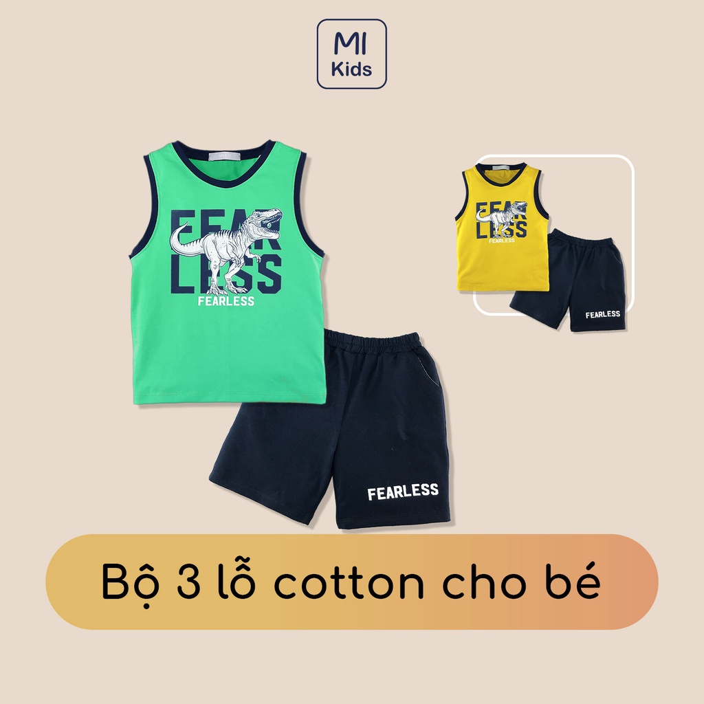 Bộ ba lỗ bé trai In Hình Khủng Long Fearless cực ngầu, Chất Thun Cotton Co giãn thấm hút full size Cho Bé Đến 55Kg