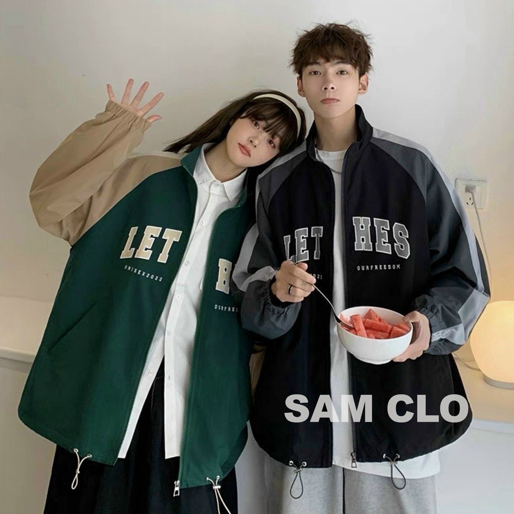 Áo khoác dù bomber 2 lớp nam nữ phong cách bóng chày form rộng unisex mặc cặp - couple in chữ LET HES