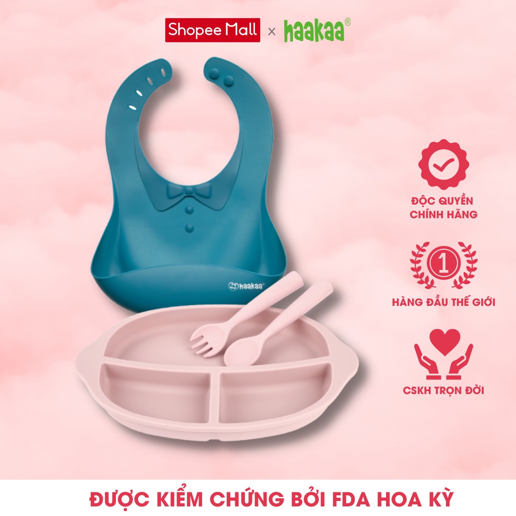 Bộ ăn dặm khay, yếm, thìa dĩa silicone cho bé Haakaa