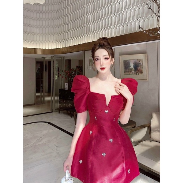 Đầm váy tafta nhũ đính nơ xoè tay phồng/bồng cúp ngực thời trang hot girl thiết kế tiểu thư sang trọng công chúa dự tiệc
