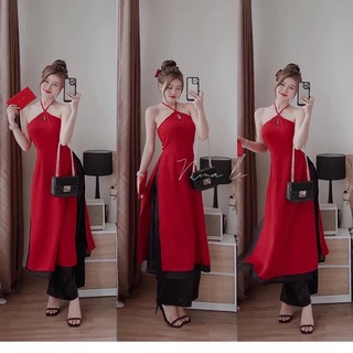 Set áo dài cổ yếm thắt nơ cổ + quần suông - ad23