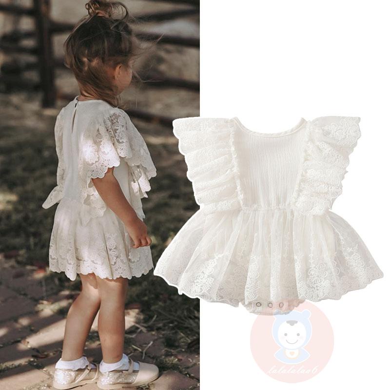 Bộ Áo Liền Quần Tay Cánh Tiên Phối Ren Cổ Tròn LAA6 Cho Bé Gái 0-18 Tháng Tuổi