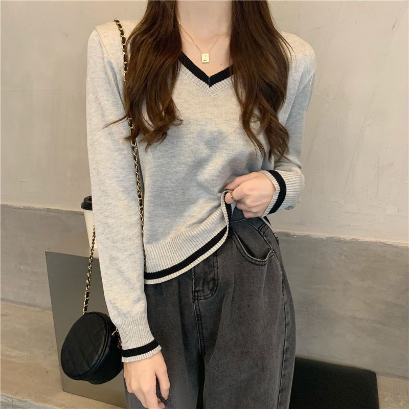 COZOK Áo Thun Ngắn Tay Dài Cổ Chữ V Màu Tương Phản Thời Trang