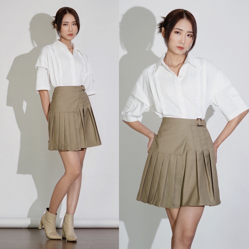 Chân váy mini xếp ly cách điệu cạp cao tôn eo chất liệu cotton mềm cao cấp - Pleated mini skirt Caffeine Studio