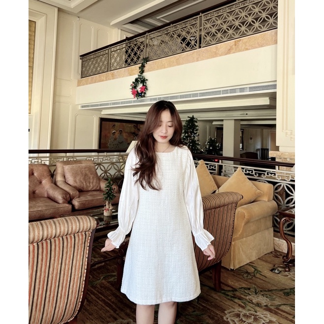 Đầm dự tiệc dạ tweed nữ tay phối voan Mori Ma Vie