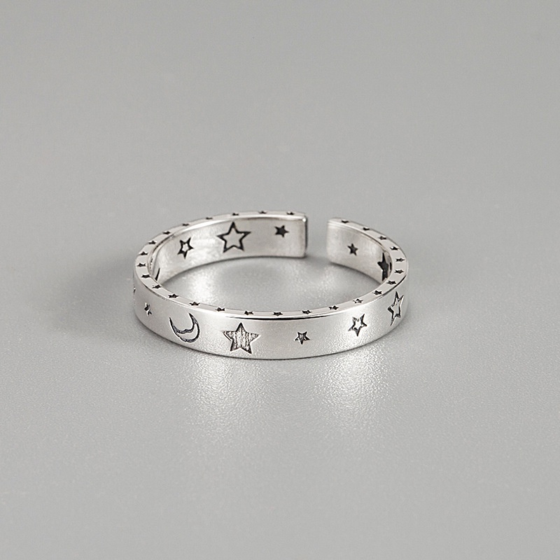 Nhẫn bạc nhẫn nữ bạc s925 retro old starry khắc họa tiết sao và trăng Cá jewelry NB196