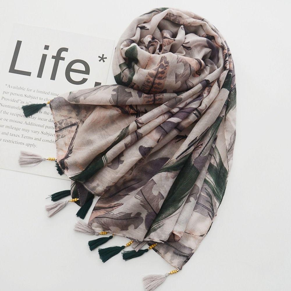 Khăn Choàng Cotton Lanh Đính Hạt Gỗ Tua Rua Phong Cách Dân Tộc Bohemian Đơn Giản Cho Nữ