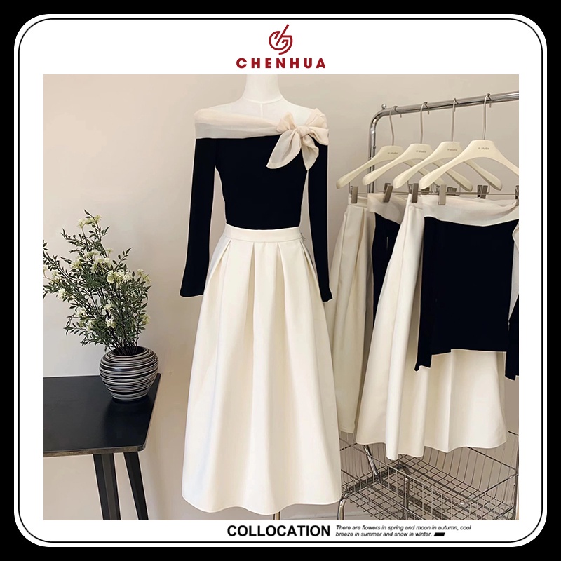 Set tiểu thư áo len tăm nơ vai mix chân váy midi xếp ly dáng dài  VN09