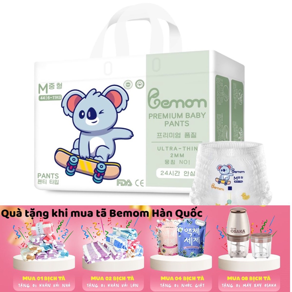 Tã trẻ em Bemom Hàn Quốc, Dán/quần đủ size S56, M48, L46, M44, L42, XL40, XXL38, XXXL36, hút 1200ml, mỏng 1.45mm