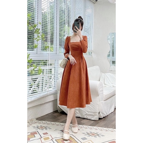 Đầm nhung tăm màu cam đất họa tiết chấm bi cổ vuông dáng xòe, váy đầm thiết kế