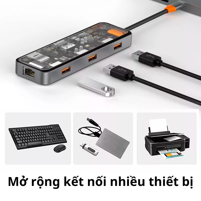 Hub USB-C 8in1 Trong Suốt WIWU Cyber USB 3.0, SD/TF, HDMI, PD