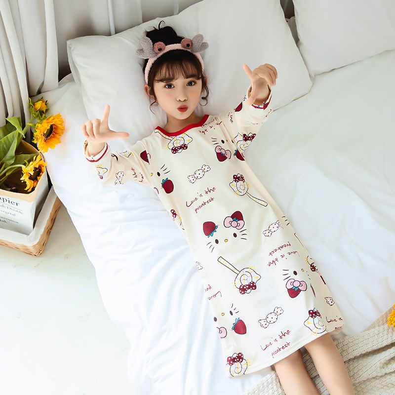 Đầm Ngủ Chất Liệu Cotton Tay Dài In Họa Tiết Hoạt Hình Dễ Thương Thời Trang Xuân Thu Cho Bé Gái