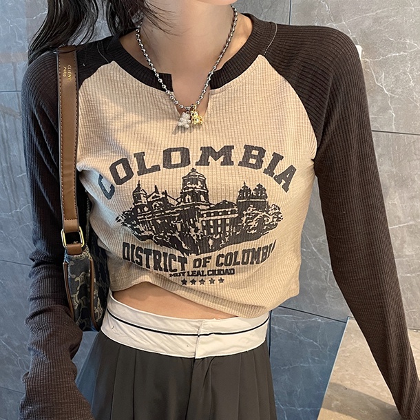 Áo thun crop top SUXI tay dài cổ chữ V dáng ôm thời trang mùa thu phong cách vintage dành cho bạn nữ