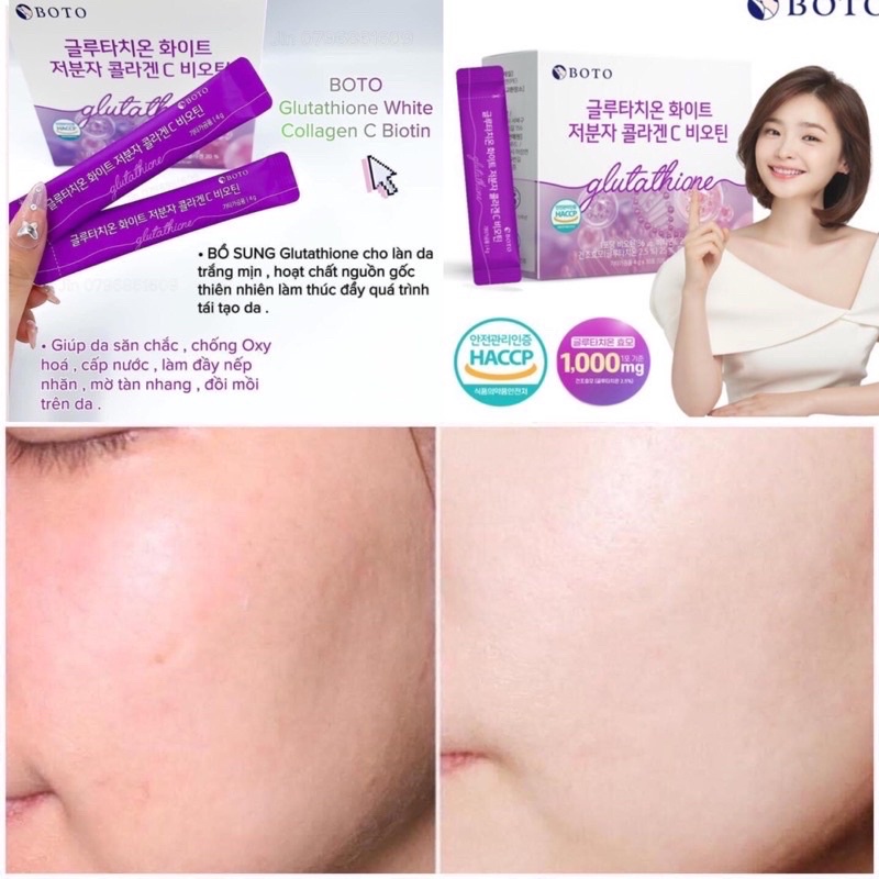Bột uống truyền trắng và bổ sung Collagen Glutathione Boto Hàn Quốc 30 gói chính hãng đủ bill