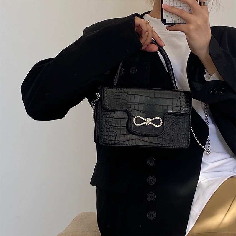 CHIC JOY❤Túi xách Messenger nữ họa tiết cá sấu dây nơ đeo vai lật đơn túi vuông nhỏ