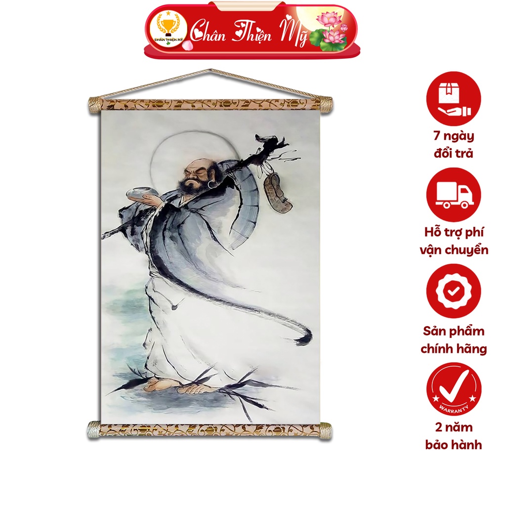 Tranh Phật Treo Tường Đạt Ma Sư Tổ CHÂN THIỆN MỸ, Chất Liệu Vải Lụa Kim Sa Khung Gỗ 40x60cm ĐMST-09