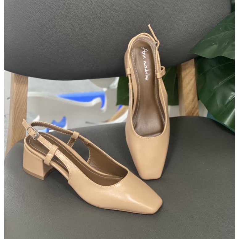 Giày slingback 5 phân mũi vuông chất liệu da lì cao cấp