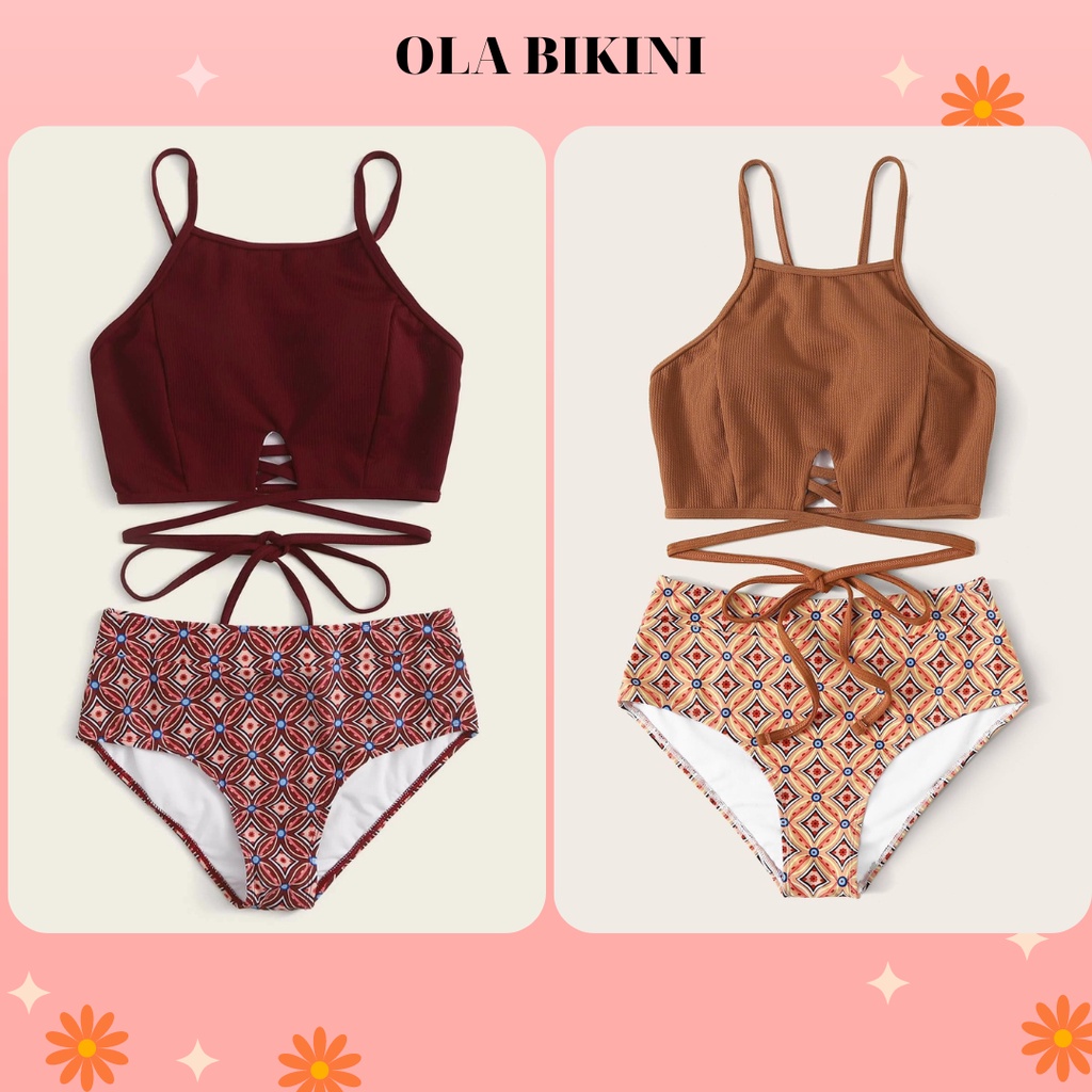 Sét áo tắm cổ yếm 2 mảnh đi biển phong cách Vintage BH01