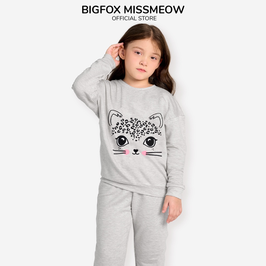 Bộ quần áo bé gái Bigfox - Miss Meow dài tay mùa thu đông chất nỉ bông họa tiết in báo dễ thương size trẻ em 3 - 11 tuổi
