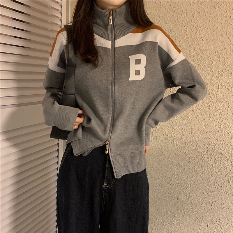 IELGY  Áo Khoác Dệt Kim Cổ Cao Hai Khóa Kéo Màu Sắc Tương Phản Phong Cách Phương Tây Dành Cho Nữ