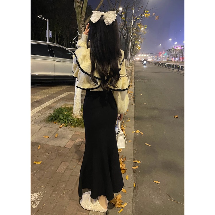 Áo len dài tay, Áo sweater tay phồng phối bèo nhún phong cách Hàn Quốc Phù hợp thu đông 2022