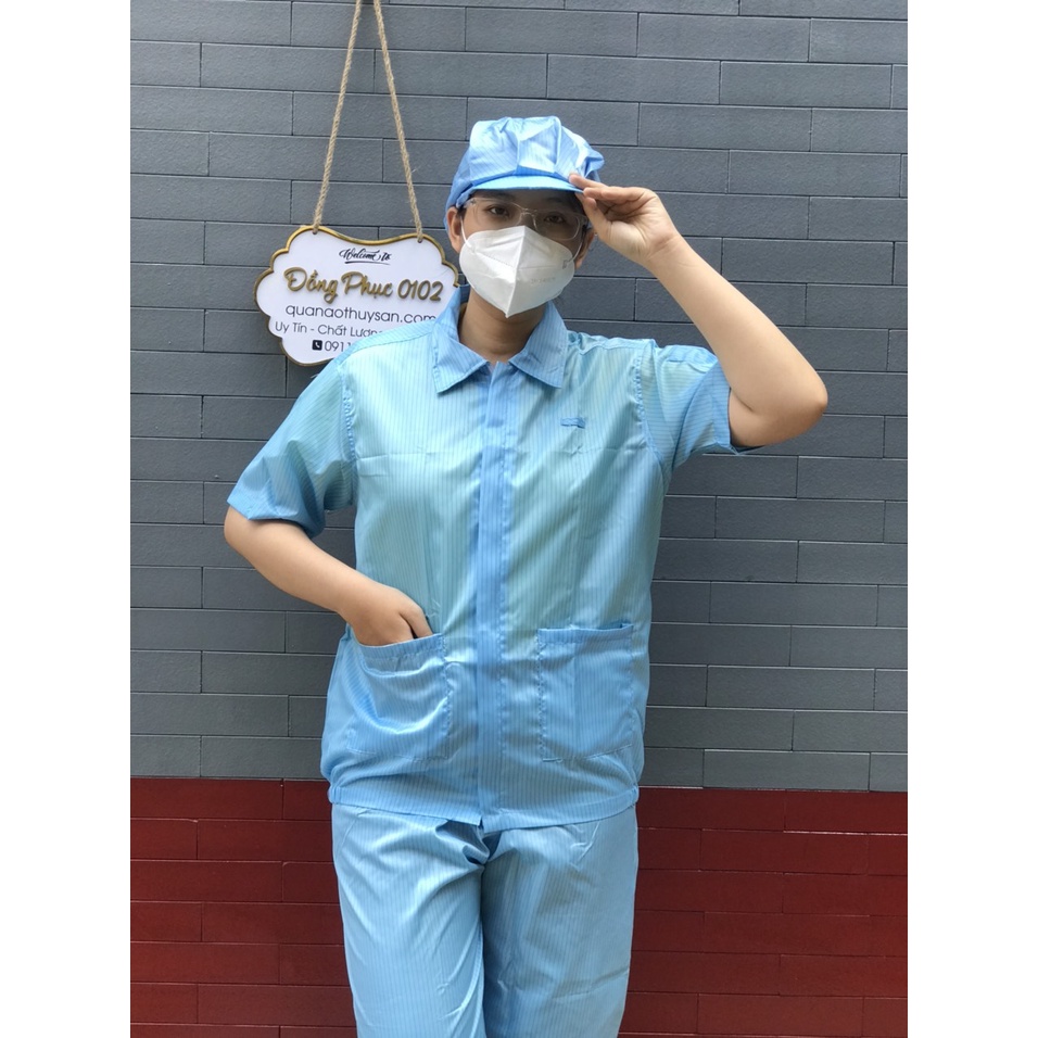 Quần áo phòng sạch chống tĩnh điện - Màu xanh, tay ngắn - Giặt sử dụng nhiều lần