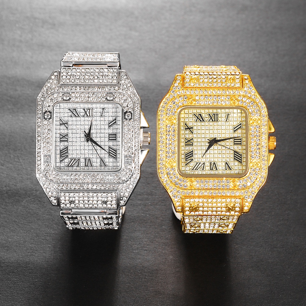 Đồng Hồ Đeo Tay Mặt Vuông Đính Đá Lấp Lánh Phong Cách Hip Hop Thời Trang Cho Nam Và Nữ