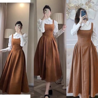 Váy yếm nhung tăm nâu phối sơ mi