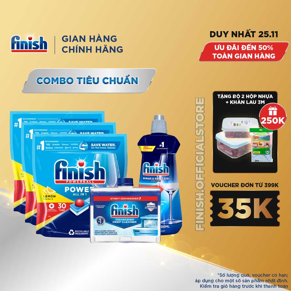 Combo Finish Tiêu Chuẩn: 3xTúi 30 Viên Nước Rửa Bát + Nước Làm Bóng 500ml + Dung Dịch Tẩy Rửa Máy Rửa Chén 250ml