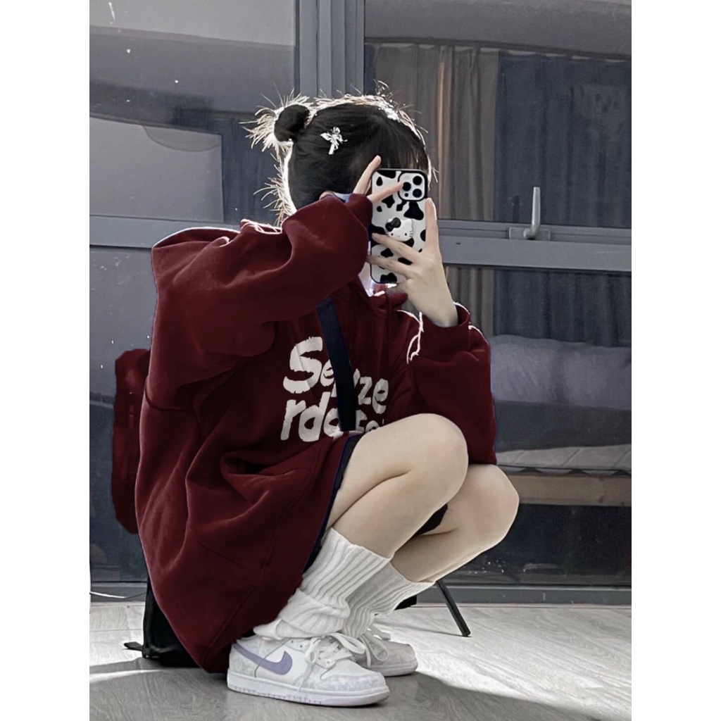 Áo hoodie SELV MŨ 2 LỚP Chất liệu nỉ bôngform thụng nam nữ kiểu dáng unisexcó túi bụng và dây rút mũ mùa đông