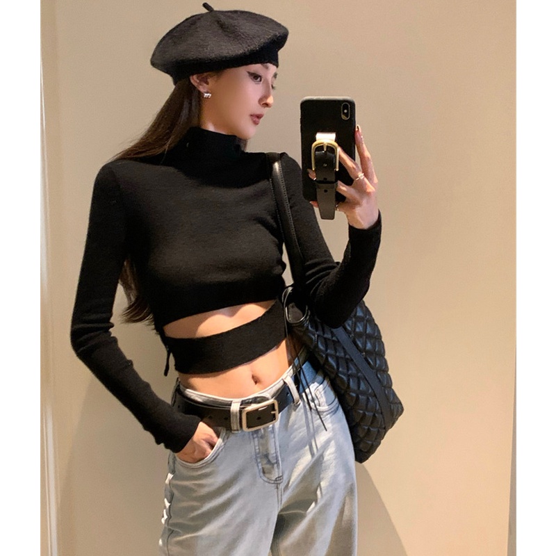 Áo Croptop Dệt Kim Tay Dài Thiết Kế Khoét Quyến Rũ