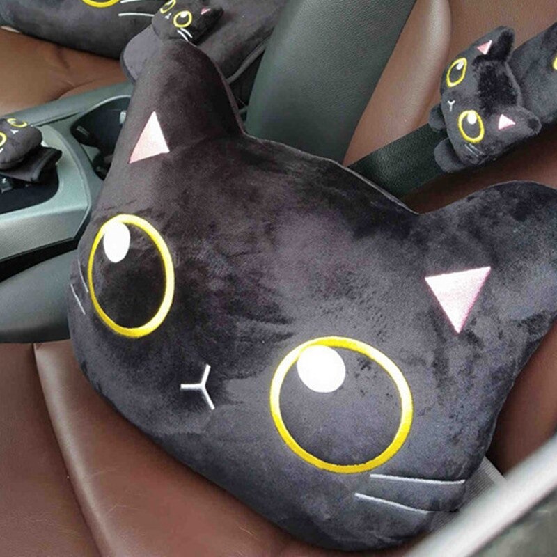 Gối Tựa Lưng Xe Ô Tô Mèo Đen Nhồi Bông Kèm Đệm Lót Tỳ Tay