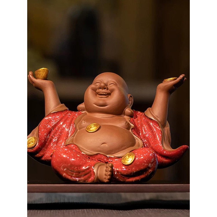 Tượng Di Lặc hoan hỉ tài lộc cỡ nhỏ cao cấp sắc nét men hỏa biến- Tượng Di Lặc gốm tử sa trang trí bàn trà, quà tặng
