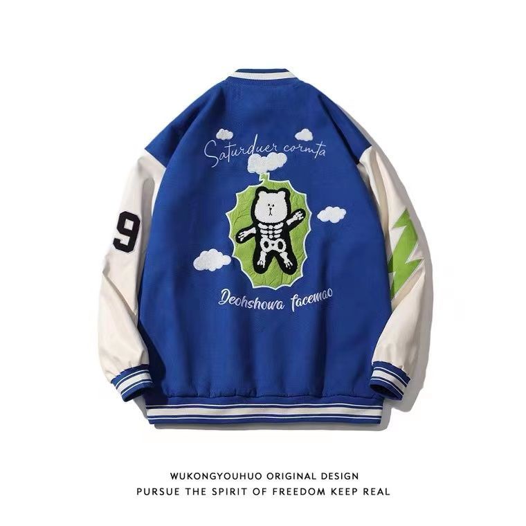 varsity jacket jacket Áo Khoác Bóng Chày Họa Tiết Thêu Hoạt Hình Phong Cách Retro Mỹ Cho Nam Nữ#Áo Khoác Dáng Rộng Màu Xanh Dương 39; s Tide Klein Cho Cặp Đôi