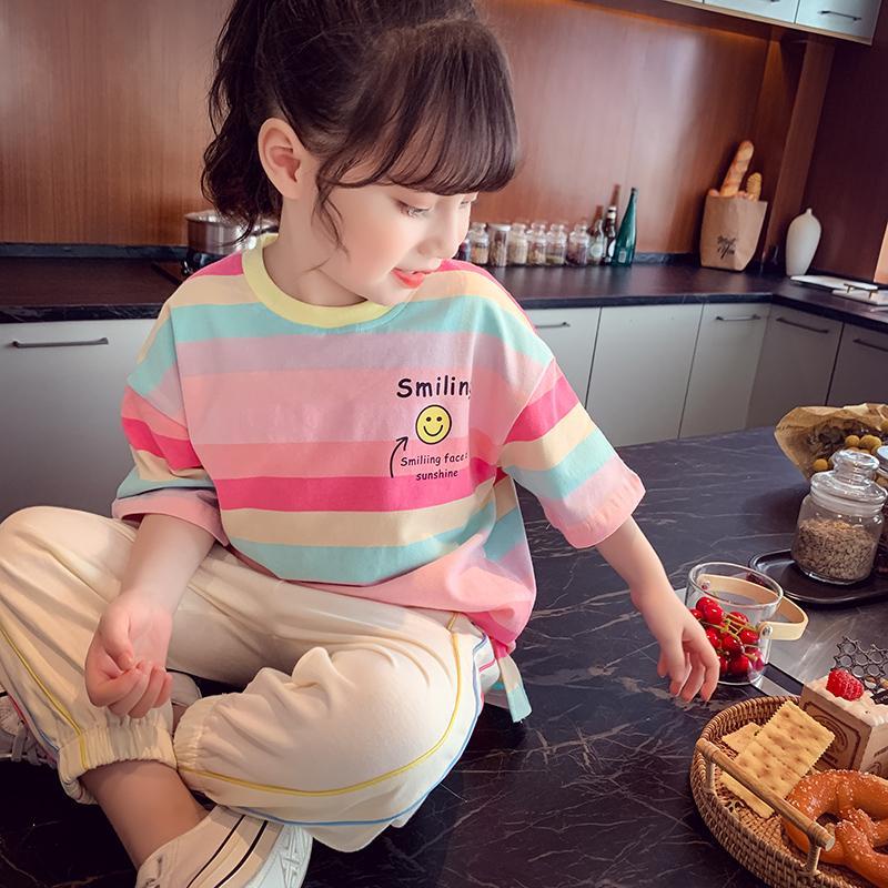 Áo Thun Cotton Ngắn Tay Họa Tiết Kẻ Sọc Màu Tương Phản Phong Cách Mới 2022 Cho Bé Gái