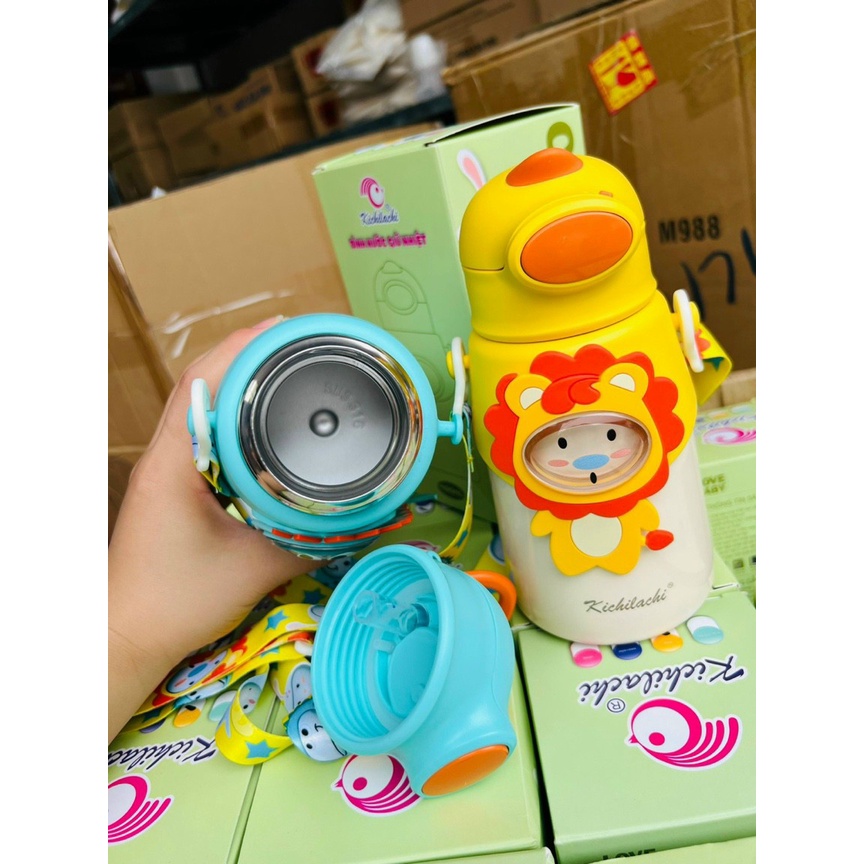 Bình Nước Giữ Nhiệt Cho Bé Kichilachi, Bình Nước Giữ Nhiệt 500ml Bằng Thép Không Gỉ 316 Với Họa Tiết Dễ Thương