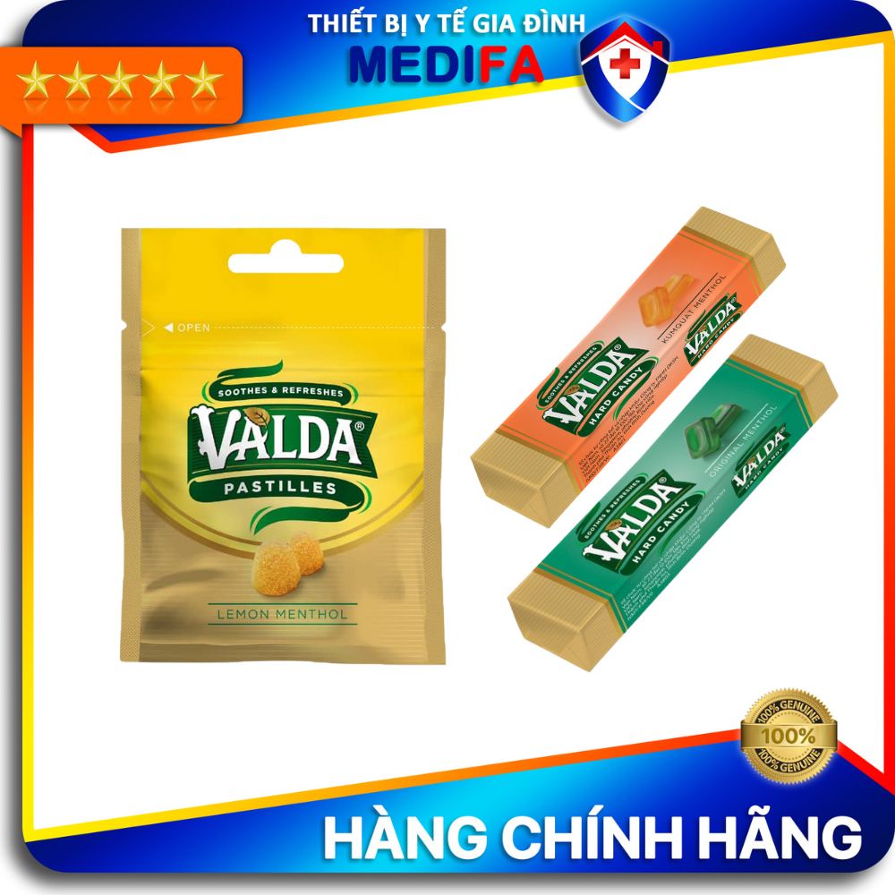 Combo 3 vị kẹo ngậm Valda Candy bao gồm 1 gói vị chanh và 2 thỏi vị quất, vị bạc hà