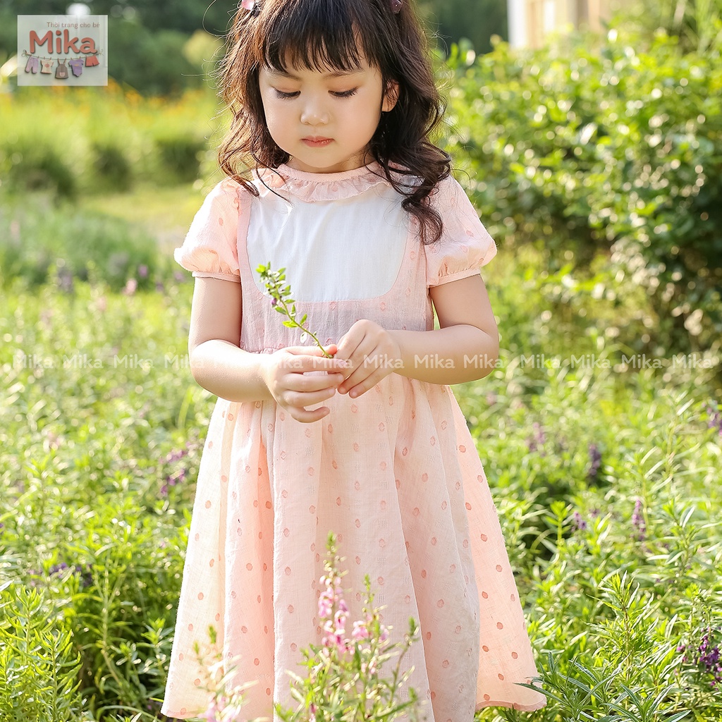 Đầm bé gái MIKA tay bồng dáng xòe công chúa cho bé từ 2 đến 8 tuổi , Váy bé gái màu vàng màu hồng xinh xắn mặc đi chơi