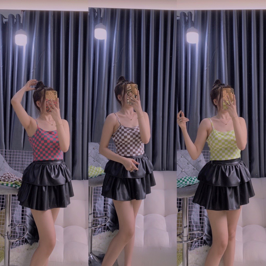 Áo 2 dây croptop phối màu caro hở lưng có mút ngực cực xinh , chất thun gân mềm mịn