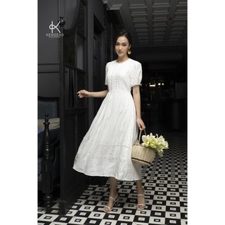 K141 Đầm Linen cổ tròn tay cộc đáp ren